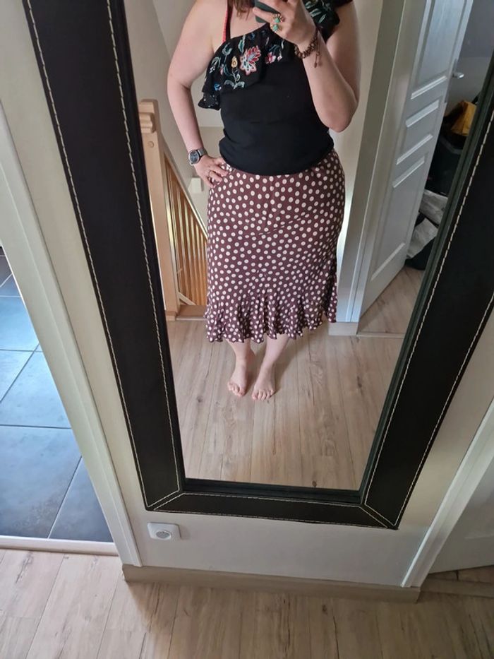 Jupe midi per una pois marron beige taille 46