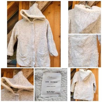 Manteau à capuche en Alpaga, Zara collection hiver, chaud, gris clair et crème, tout doux, 10 ans