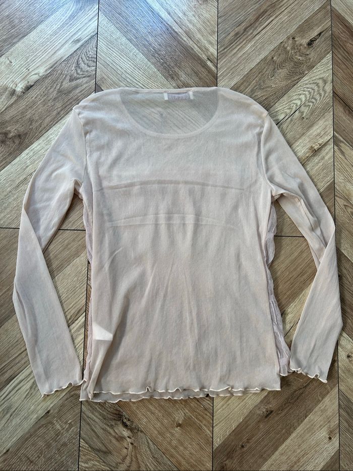 Top / Sous-Pull Transparent Celaia - Dentelle et Tulle Froncé - Rose Poudré - photo numéro 6