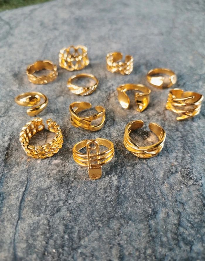 A36 Lot de 12 bagues dorées or tendance ajustable