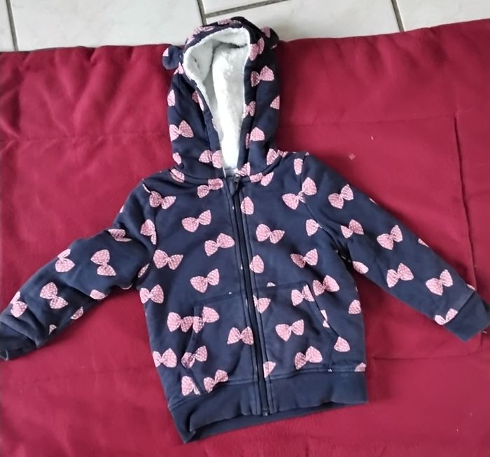 Veste molletonné  ,à capuche  ,fermeture,  bleu avec nœud rose  ,Lupilu  ,24M