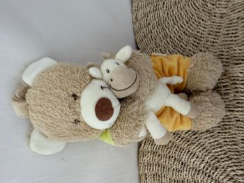 TEX  DOUDOU OURS BEIGE SALOPETTE ORANGE JUNGLE GIRAFE MUSICAL