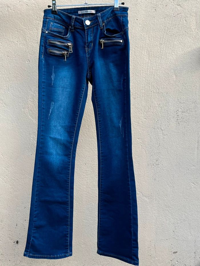 Jean taille basse pattes d’eph bleu nuancé - zips décoratifs - photo numéro 7
