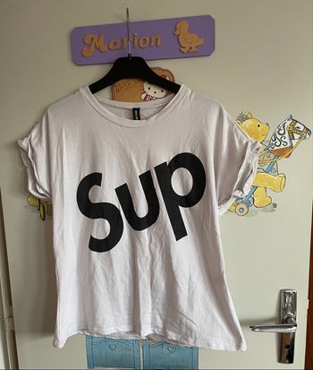 Tee shirt à manches courtes blanc avec inscription, taille unique, marque New Collection 