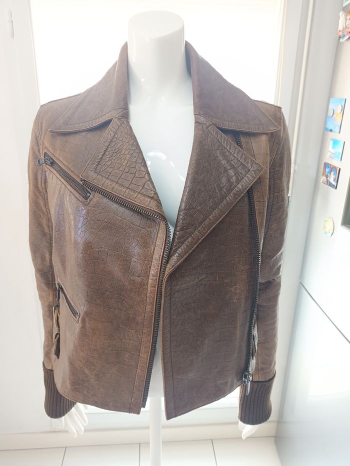 Perfecto vintage Tommy Hilfiger cuir epais et tricot - photo numéro 7