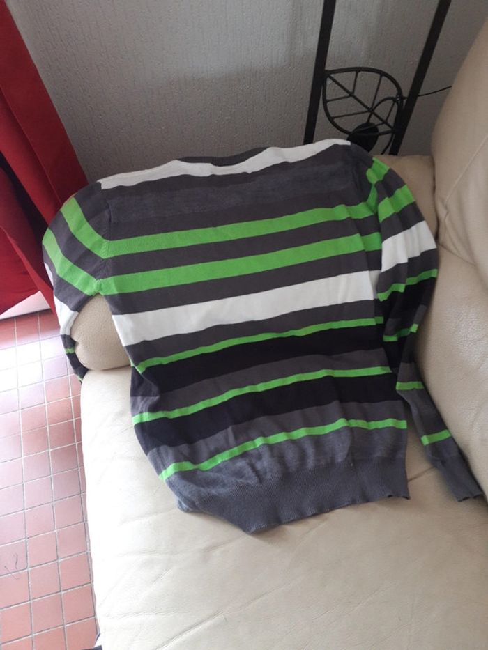 Pull fin gris rayé vert - photo numéro 3