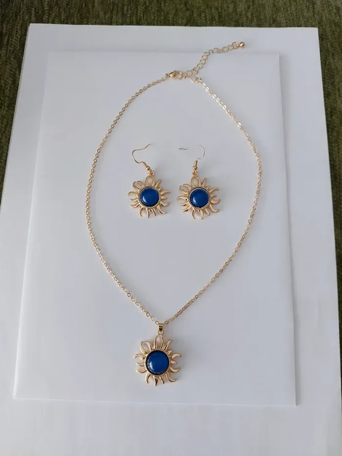 Parure collier et boucles d'oreilles  - soleil bleu - acier inoxydable - tendance bohème 🌊 - photo numéro 2