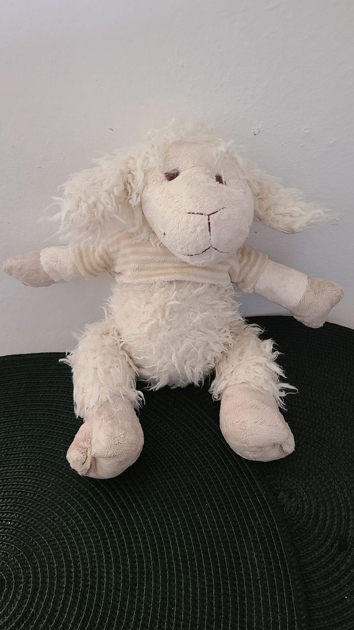 Doudou mouton blanc pull rayé beige PLAYKIDS