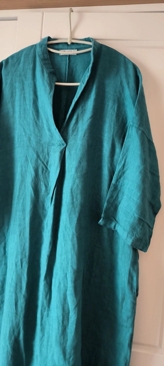 Robe longues avec fente 100% lin Bleu canard - photo numéro 2