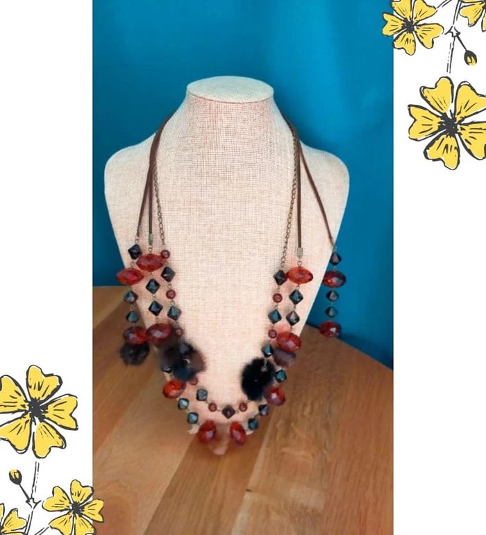 Collier original multirangs - Perles ambrées et noires + pompons fourrure – Collection PMN - photo numéro 13