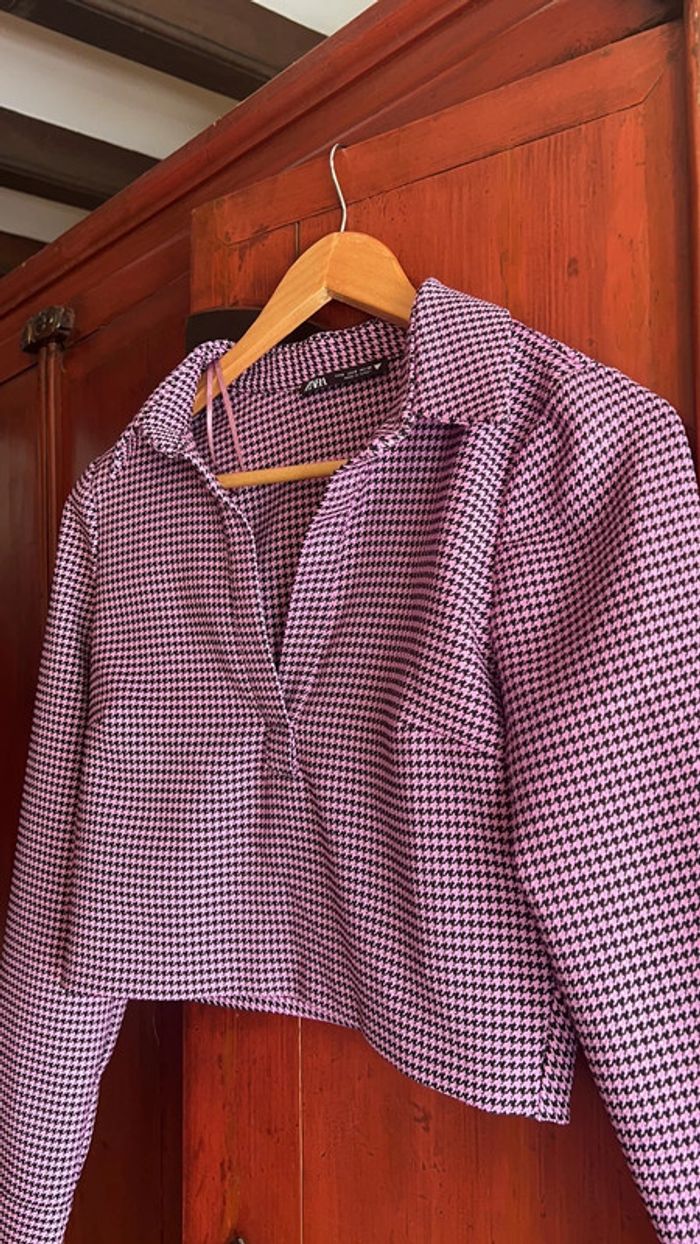 Zara haut motif pied de poule rose et noir taille S - photo numéro 2