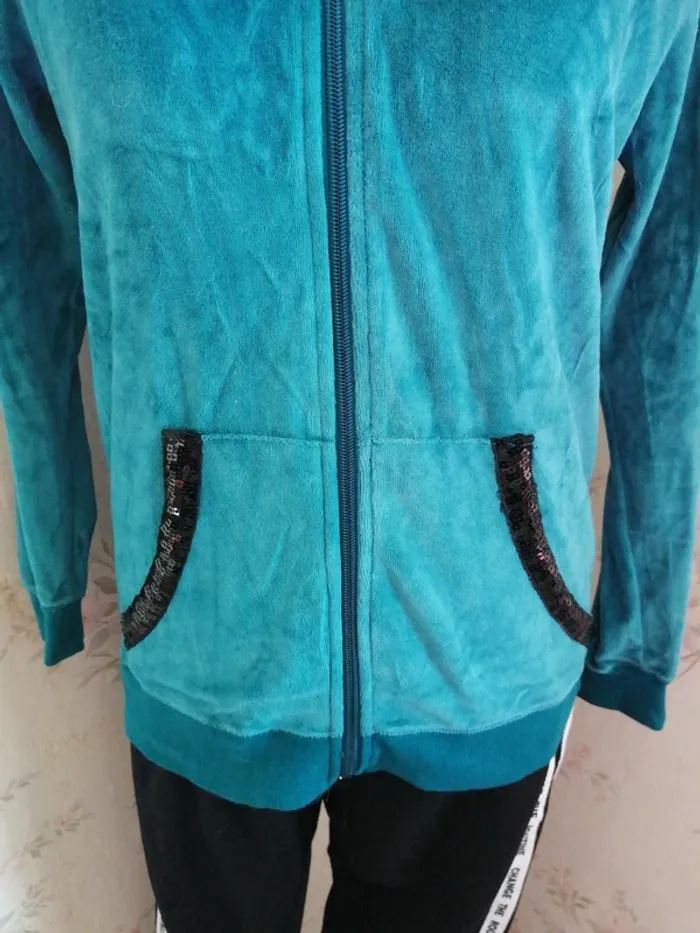 Veste turquoise à capuche en velours avec poches et strass / esmara / (S) - photo numéro 5