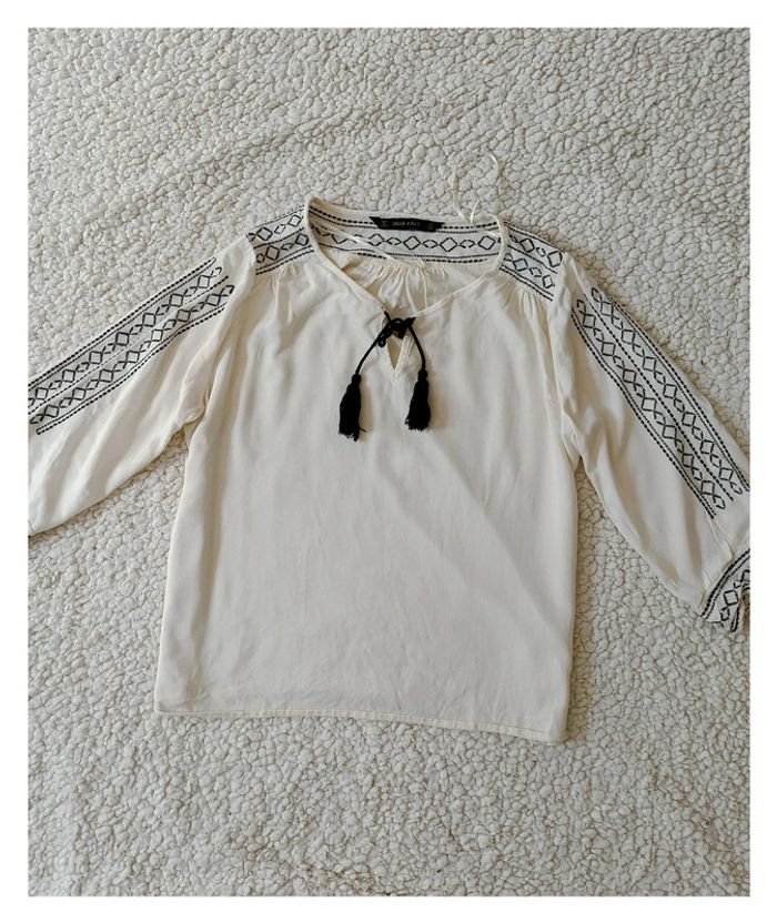 Blouse bohème Zara Basic blanche brodée – manches 3/4 cute vintage old school -