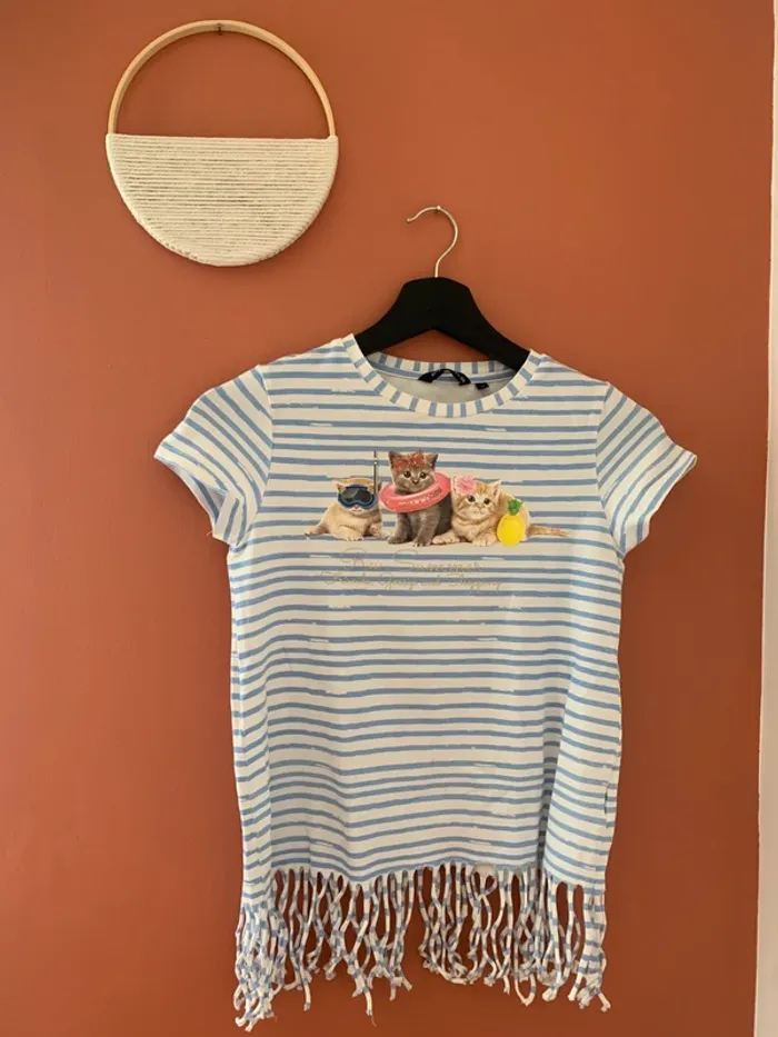 🐱 T-shirt rayé chats & franges - River Woods– 12 ans