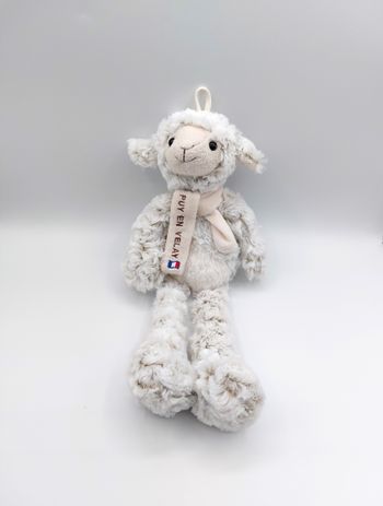 Peluche doudou mouton blanc beige chiné RODADOU RODA écharpe Puy en Velay 38 cm