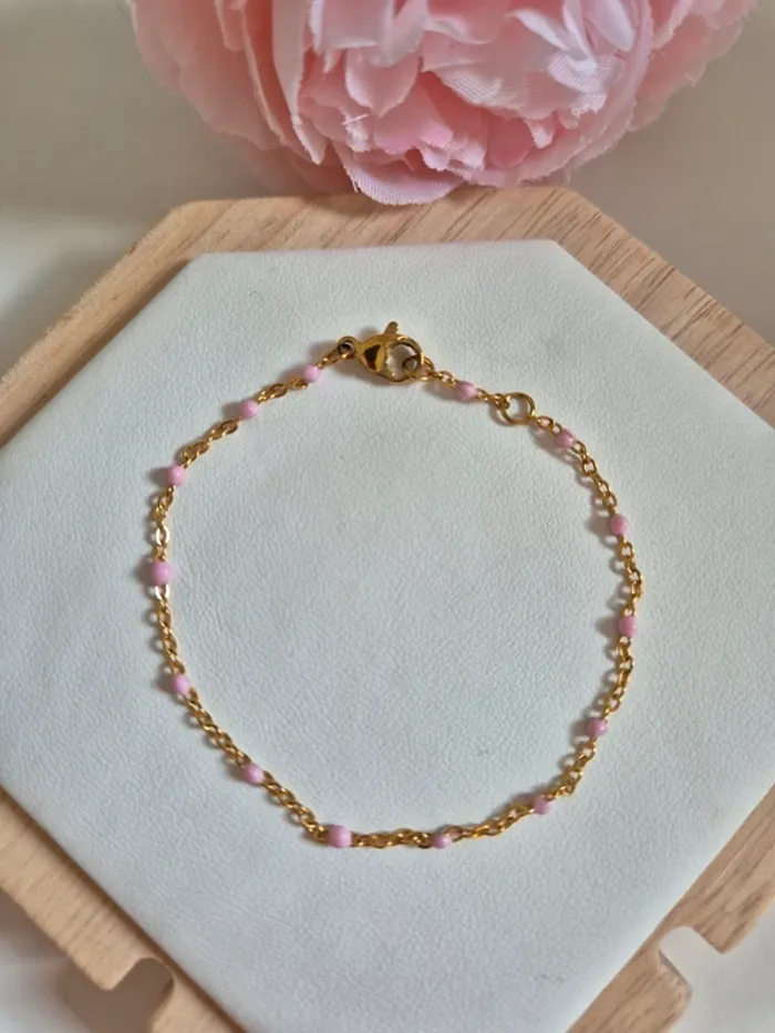 Parure de 2 bijoux : en acier inoxydable collier long et bracelet perles rose clair - photo numéro 6