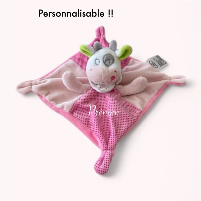 Peluche doudou plat 22cm mots d’enfants vache rose blanc gris et vert à pois parfait état - photo numéro 5