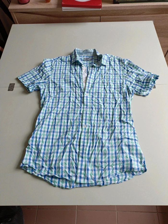 Chemise manche courte rayé bleu et vert brice taille L coupe ajustée