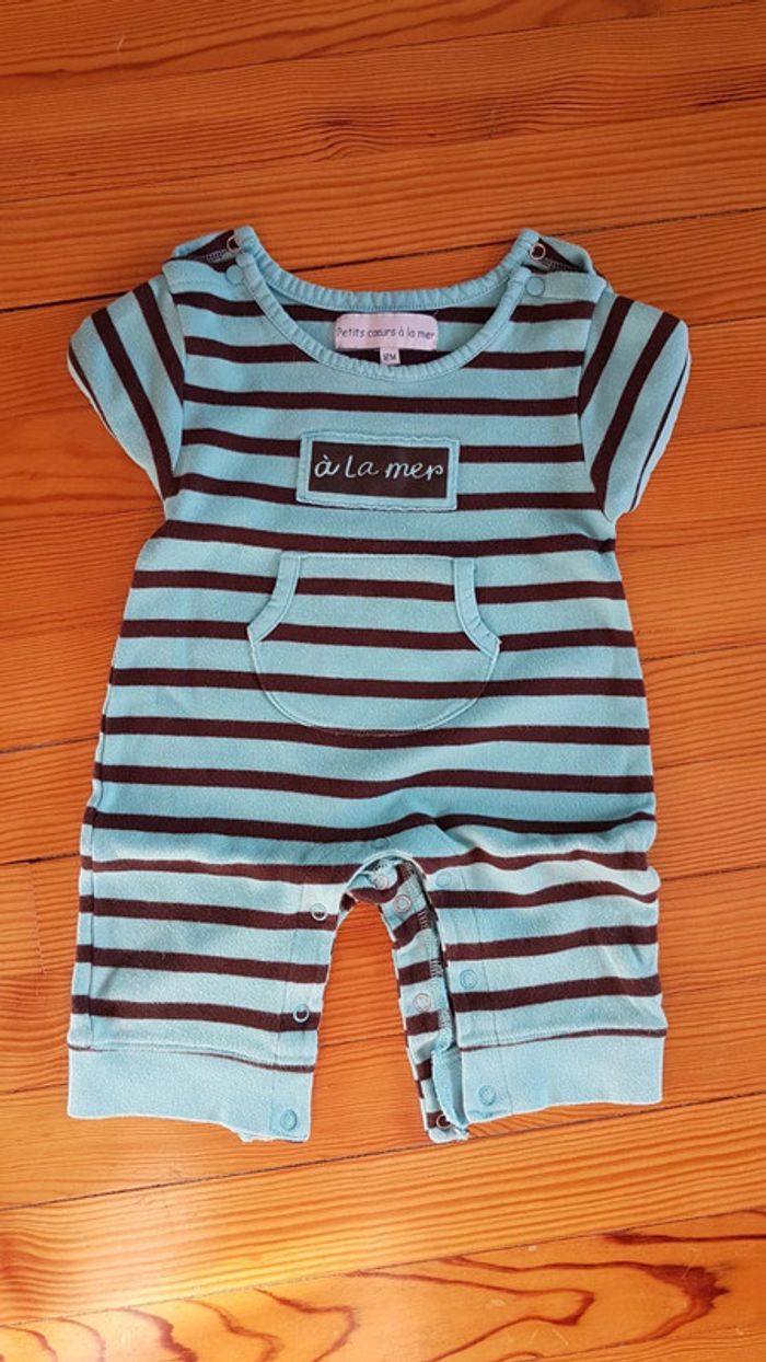 Combinaison rayé bleu vert et marron 12 mois
