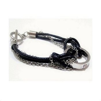 Bracelet Cordons Simili Cuir, Métal Argenté Et Strass