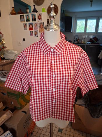 Chemisier femme court a carreau blanc et rouge neuf taille 36 marque manfinity
Aisselle a aisselle 57 cm 
Longueur 46 cm 
76 % polyester
20% coton
4 % viscose
Prix 8 euro