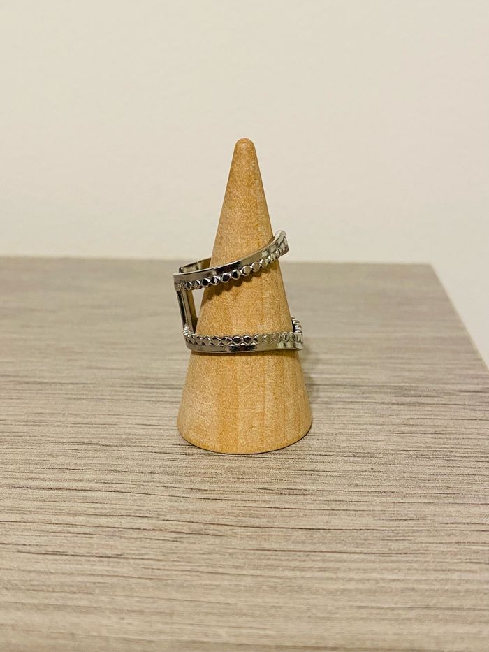 Bague épaisse ajustable argenté double rangs martelée acier inoxydable - photo numéro 4