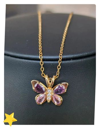 Collier maille jaseron pendentif papillon rose avec pierre d'ornement acier inoxydable