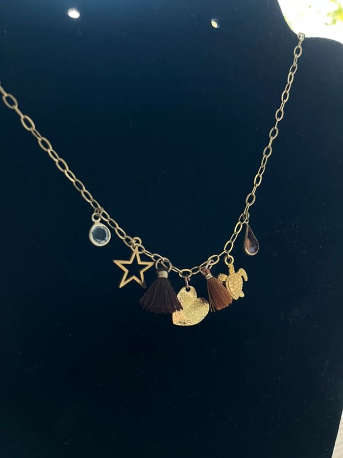 Collier chaîne acier Inoxydable pendentifs breloques dorés et marrons - photo numéro 2