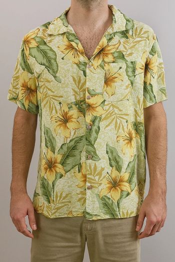 Chemise hawaïenne homme Caribbean Joe fleurs tropicales jaune vert M oversize été vintage
