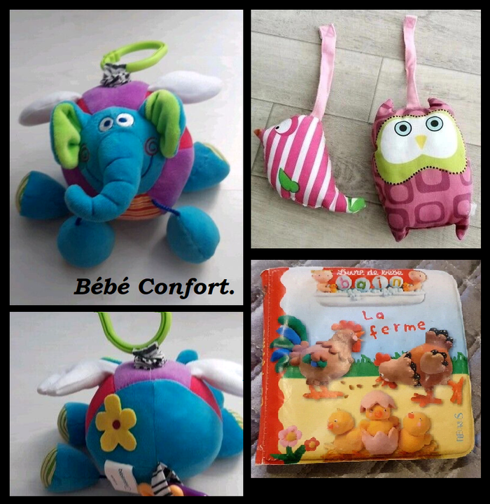 Lot 3 peluches à suspendre dont un avec grelot + livre de bain