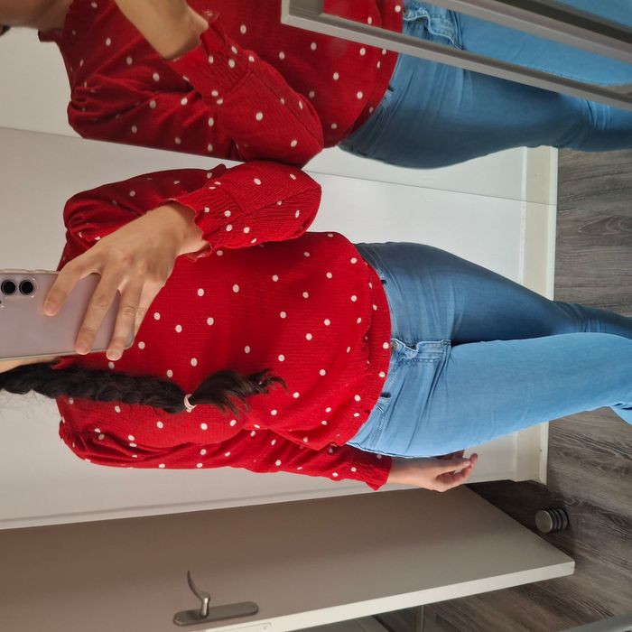 Blouse fluide rouge à pois blanc – Col montant froncé - Manches longues - Taille XS/S/M - Naf Naf - photo numéro 5