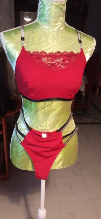 ensemble brassière dentelle rouge bretelle avec des strass croisé dans le dos et argenté