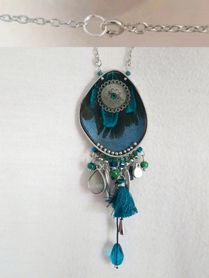 Collier sautoir pendentif nacre irisé strass pompon bleu vert 🇨🇵 Fabrication Artisanale - 65 cm - photo numéro 2
