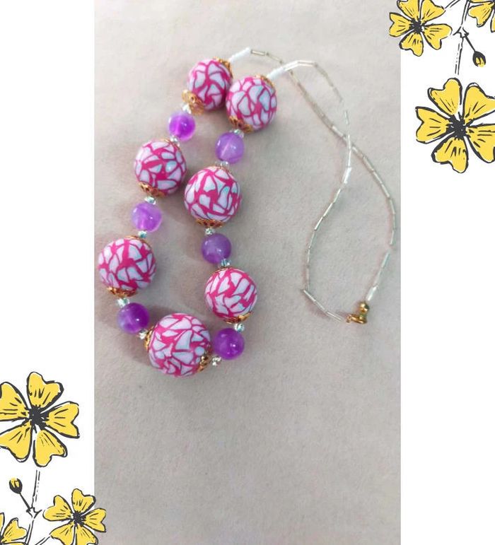Collier vintage fait main – Perles roses en polymère & perles violettes – Collection Nuances de Rose - photo numéro 5