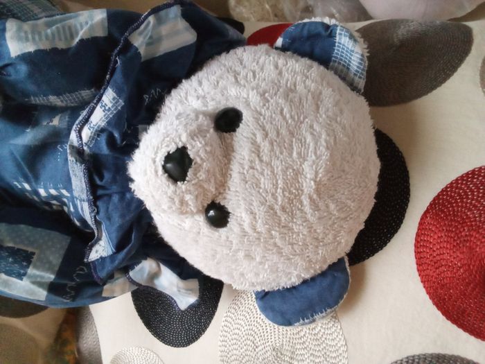 Doudou ours blanc bleu marine Minouche vintage d'occasion ancien 30 ans  marin marine mer yeux noirs durs plastique nez dur  tissu éponge tissu bouclettes carré carreaux imprimé  thème mer ancre  peluche ancien matelot - photo numéro 9
