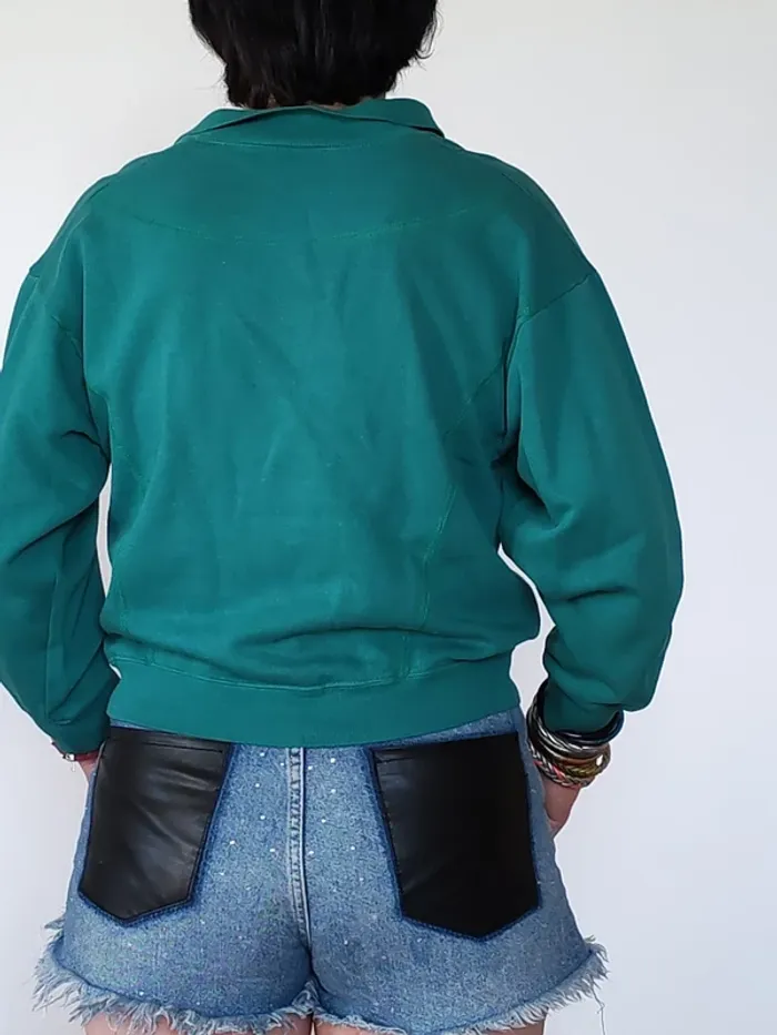 Pull K-Way vintage – col chemise tartan intégré – vert émeraude - photo numéro 2