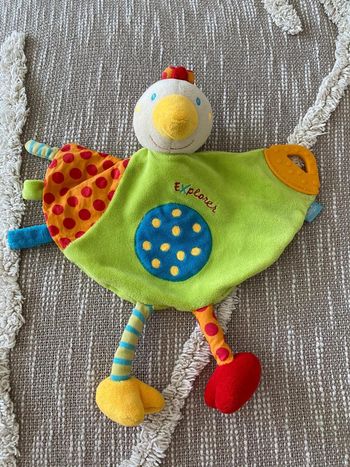 Peluche doudou plat Babysun oiseau canard vert orange très bon état