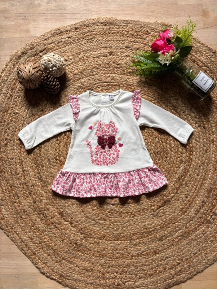 🌺Tunique blanche et rose manche longue au chat fleuris Taille 6mois/68cm🌺