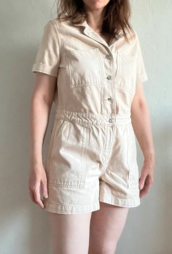 Combishort combinaison denim en jean Mango – Taille L – Vieux rose / beige – Très bon état