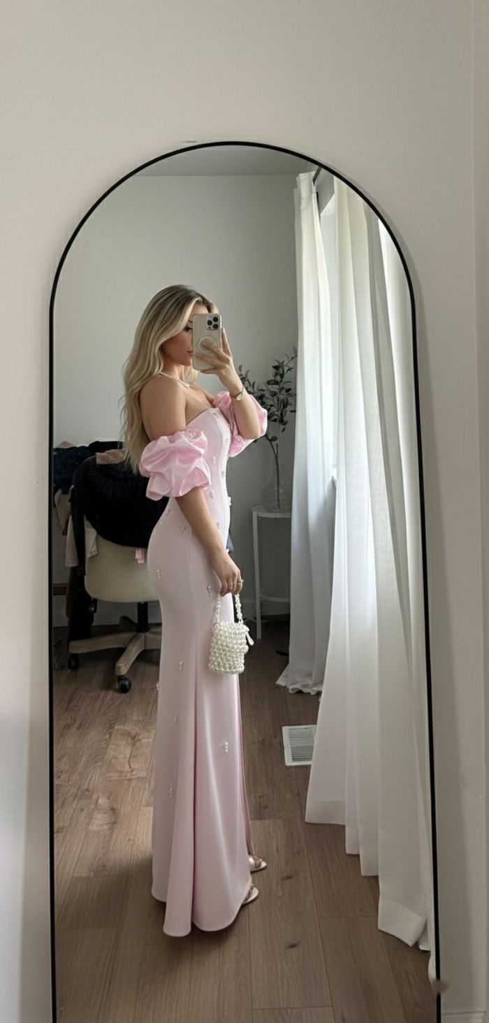 Robe de soirée rose princesse - Épaules dénudées, Perles & Fente haute - photo numéro 3