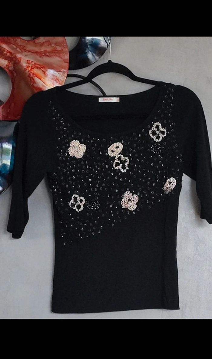 Pull noir à perles et paillettes Betty Blue - photo numéro 2