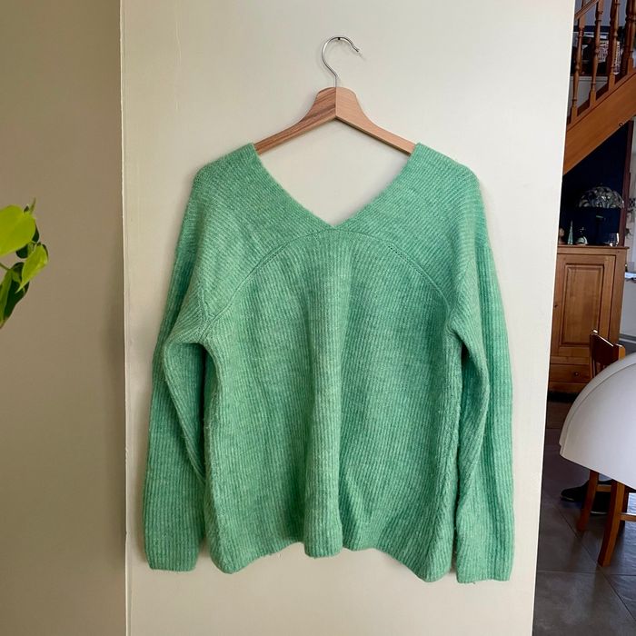 Pull vert menthe Bizzbee M en maille douce mélange laine alpaga, col V, manches longues V073 - photo numéro 7