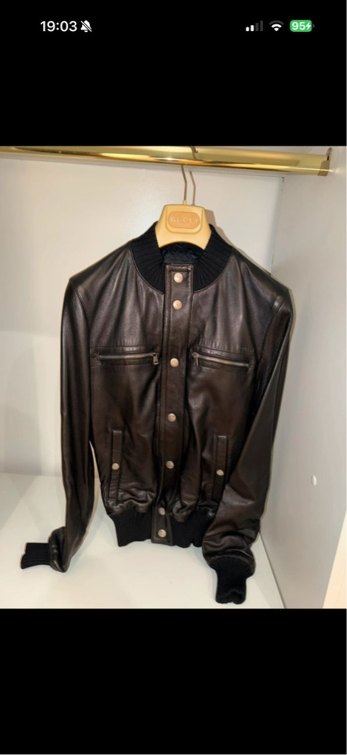 Leather bomber jacket with Web Gucci Veste en cuir Gucci