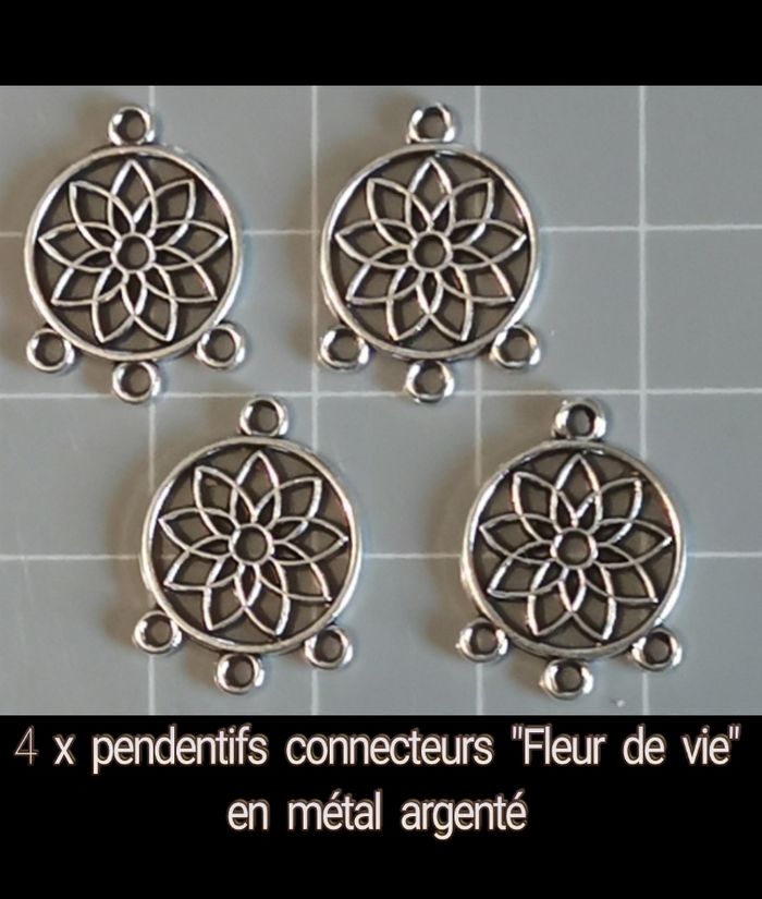 🔗 4 x pendentifs connecteurs "Fleur de vie" en métal argenté