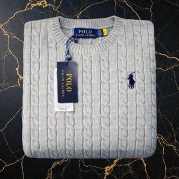 Pull Ralph Lauren Gris Taille S col rond torsadé logo brodé noir