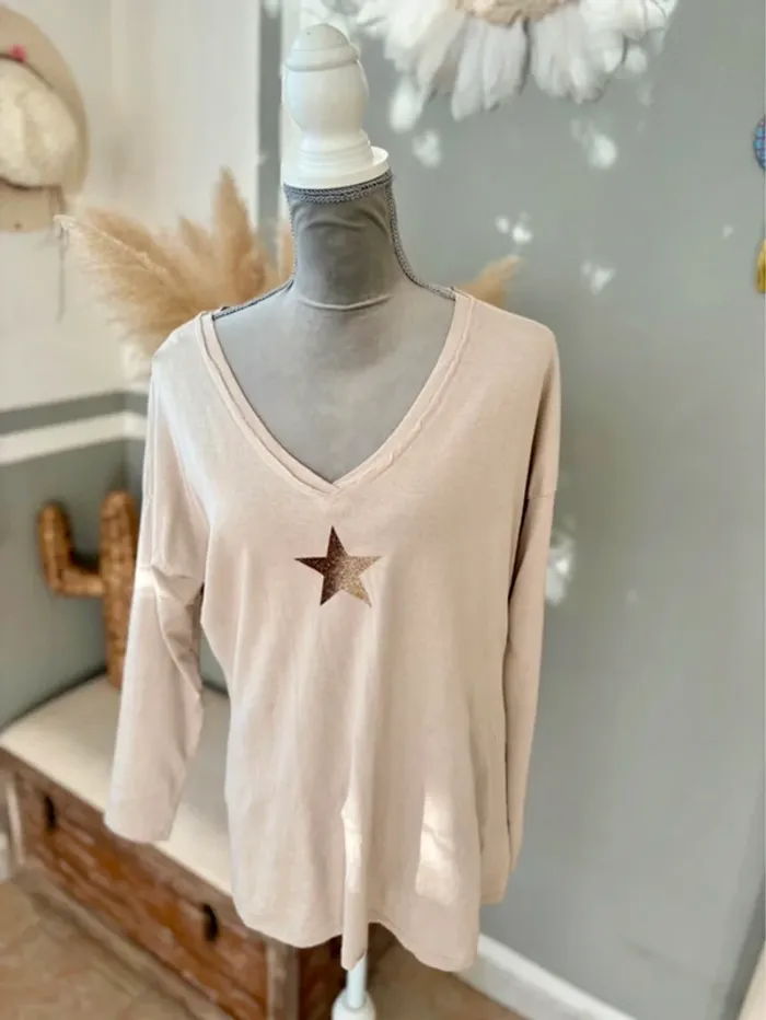 Haut tendance 100 % coton – étoile glitter n– beige - photo numéro 11