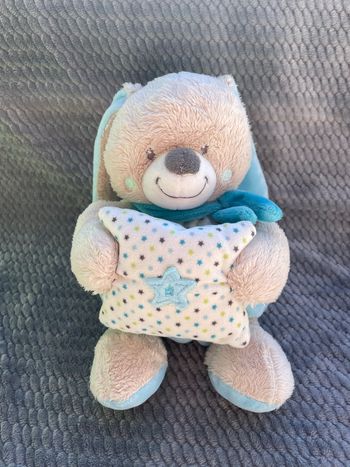 Peluche musicale boule lapin bleu coussin étoiles Leclerc Mots D’enfants