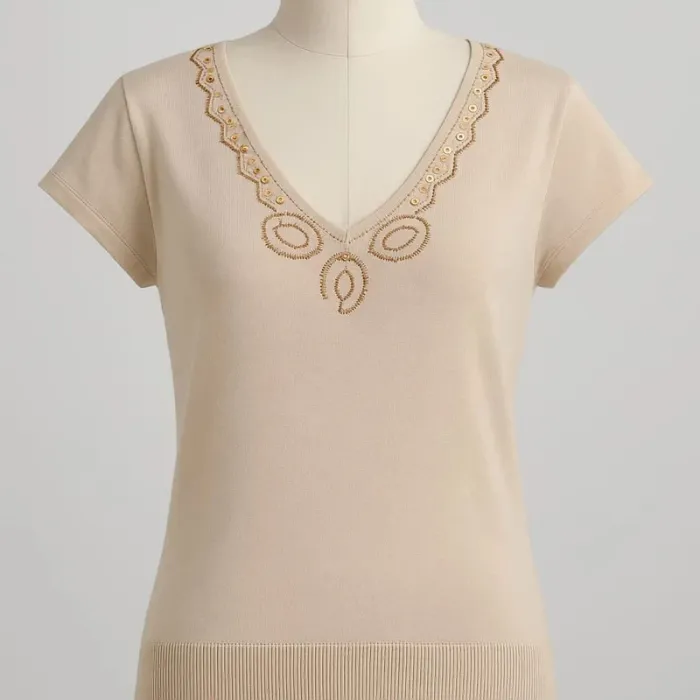 Pull fin manche courte beige motif perle doré Folia Taille 1 - photo numéro 2