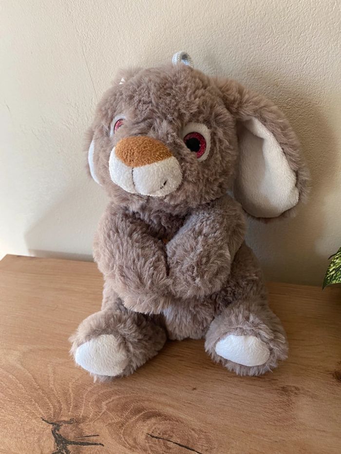 Doudou peluche lapin marron  taupe blanc yeux rose brillant rodadou roda - photo numéro 2