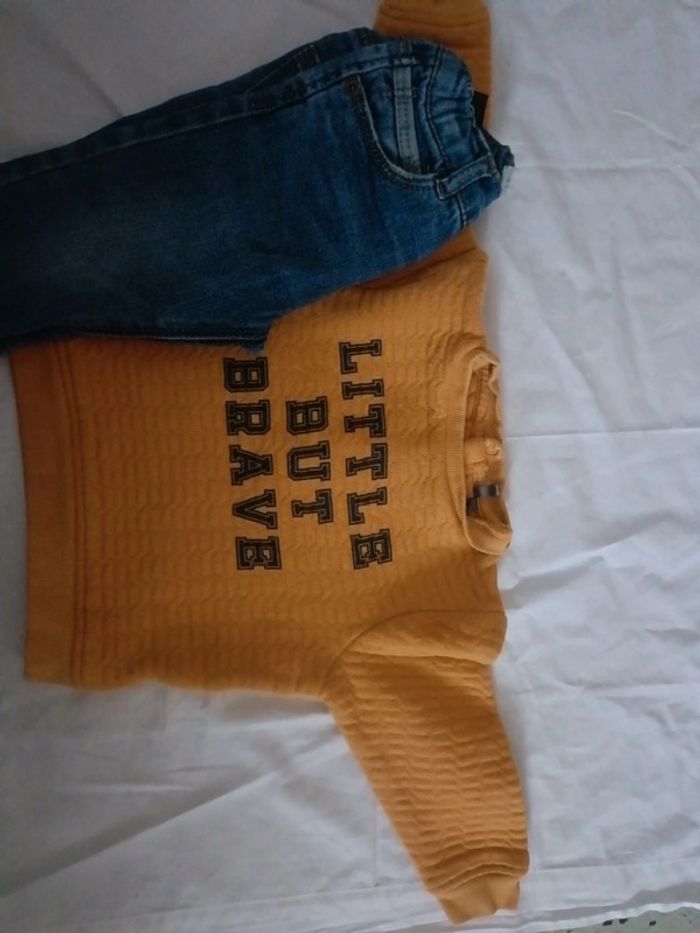 Ensemble jean pull 9 12 mois jaune moutarde et couleur jean - photo numéro 2